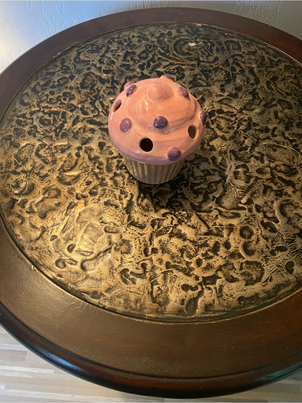 Handcrafted Ceramic Cupcake Accent in Pink with Purple Dots